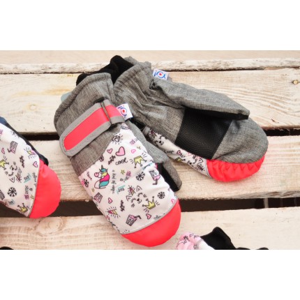 Szare rękawiczki nieprzemakalne 1P z jednorożcami