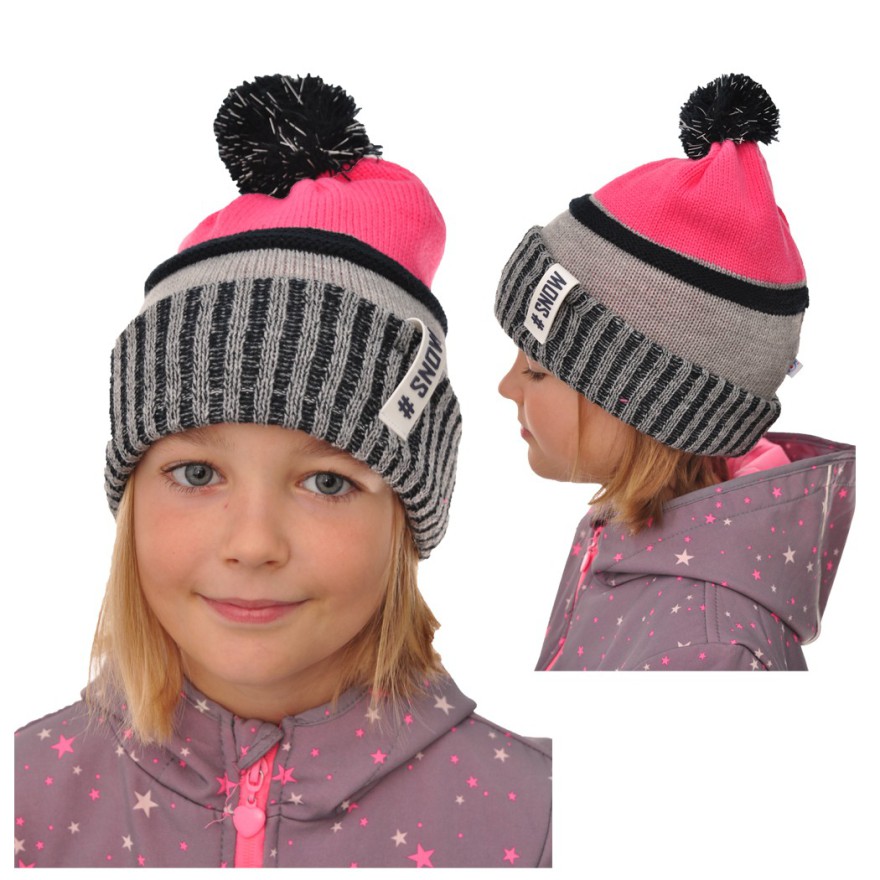 Szaro-różowa ZIMOWA CZAPKA podwójna ZUZA 6-8L ZIMA