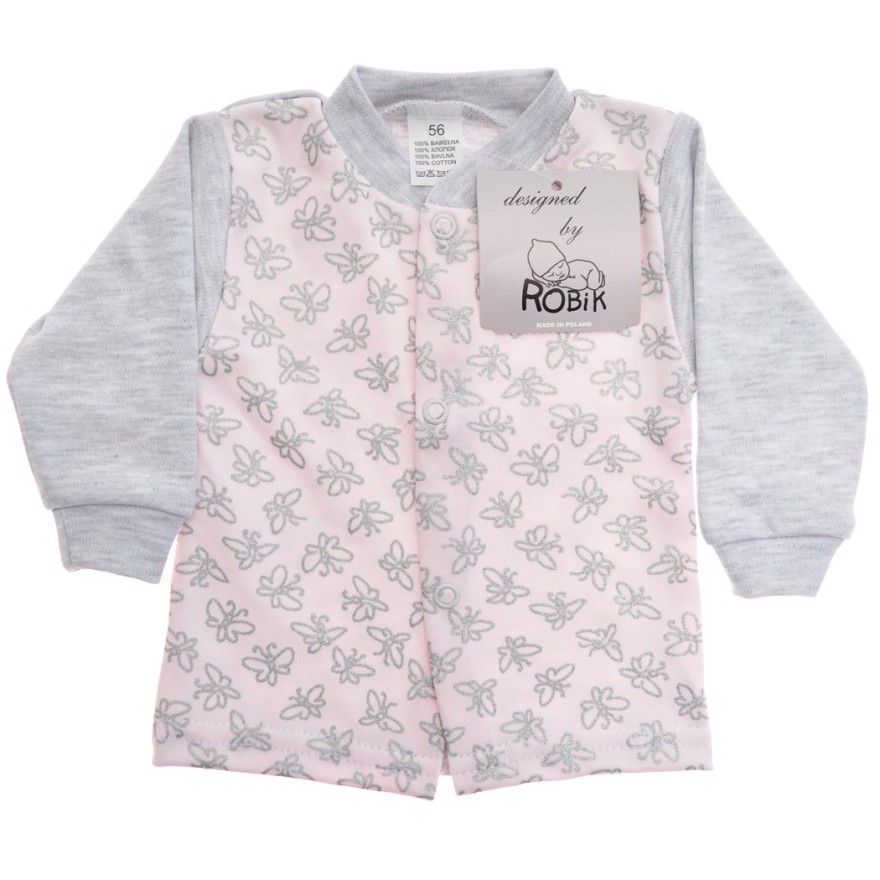 Szaro-różowy KAFTANIK w motylki r.56-68 KOSZULKA BAWEŁNIANA brokat wzór 340S