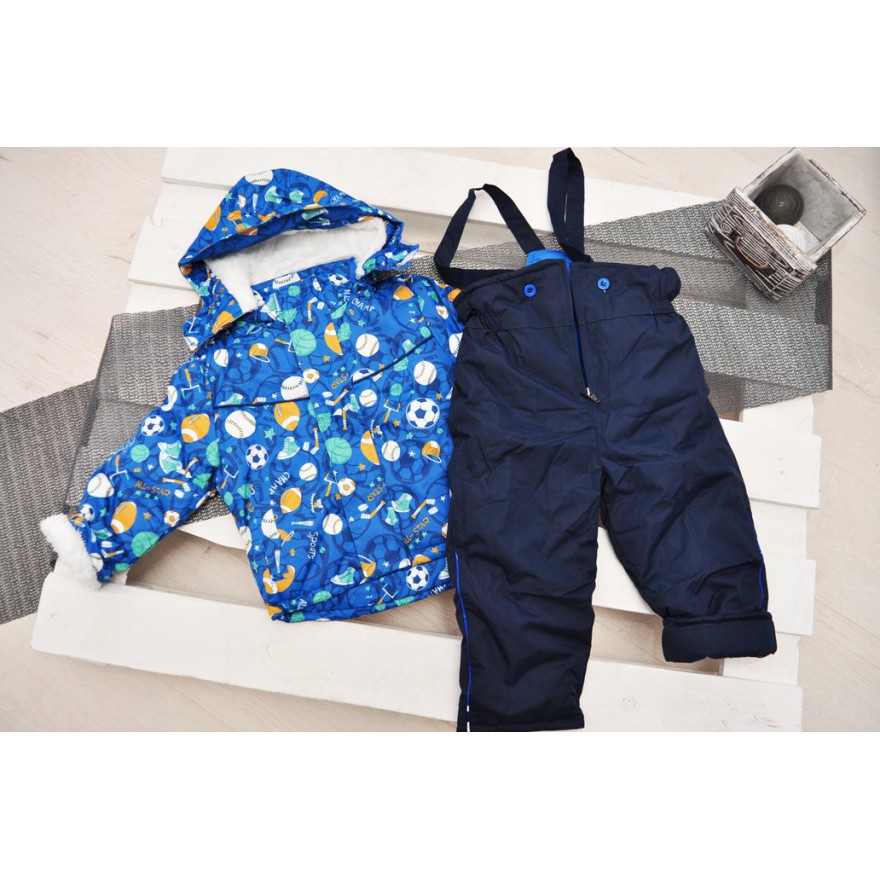 Niebieski KOMBINEZON dwuczęściowy w piłki ocieplany ZIMA