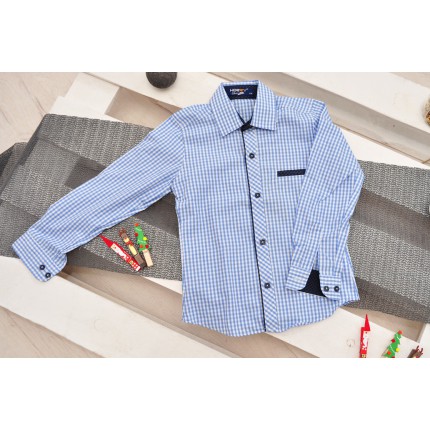 Niebieska koszula chłopięca w kratkę długi rękaw elegancka