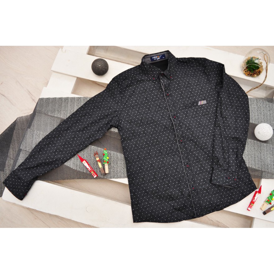 Czarna koszula chłopięca w białe wzorki długi rękaw elegancka