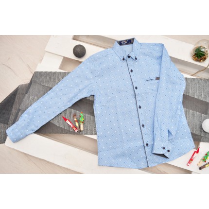 Niebieska koszula chłopięca we wzorki długi rękaw elegancka