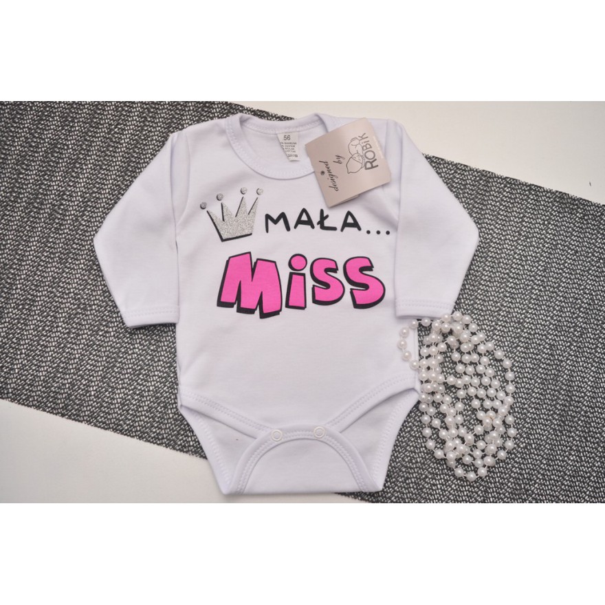 Białe BODY MAŁA MISS długi rękaw brokat wzór 600