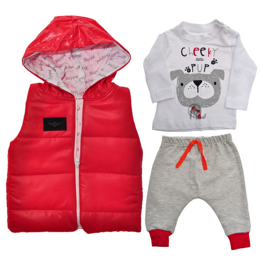 Czerwony bezrękawnik z bluzką i spodniami r. 6-18msc