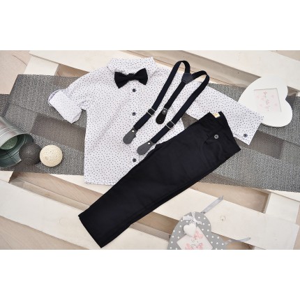KOMPLET DLA CHŁOPCA  biała koszula, spodnie, muszka, szelki WIZYTOWY wzór: łezki, granat