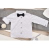 KOMPLET DLA CHŁOPCA  biała koszula, spodnie, muszka, szelki WIZYTOWY wzór: łezki, granat