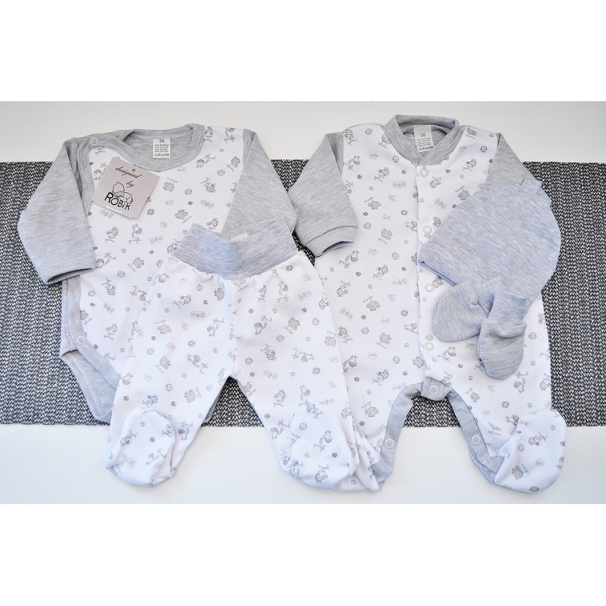 WYPRAWKA dla noworodka do szpitala 5 części szara w zwierzątka wzór 185S