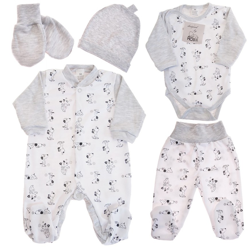 WYPRAWKA dla noworodka do szpitala 5 części szara w pieski wzór 167S