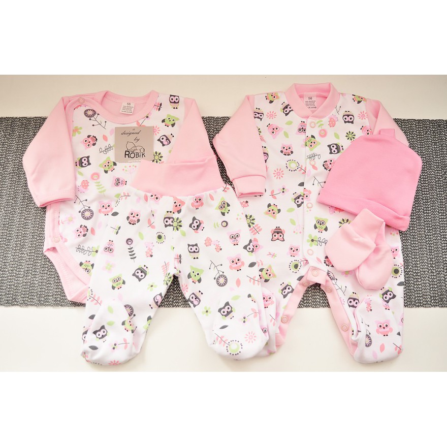 WYPRAWKA dla noworodka do szpitala 5 części różowa w sowy wzór 294R