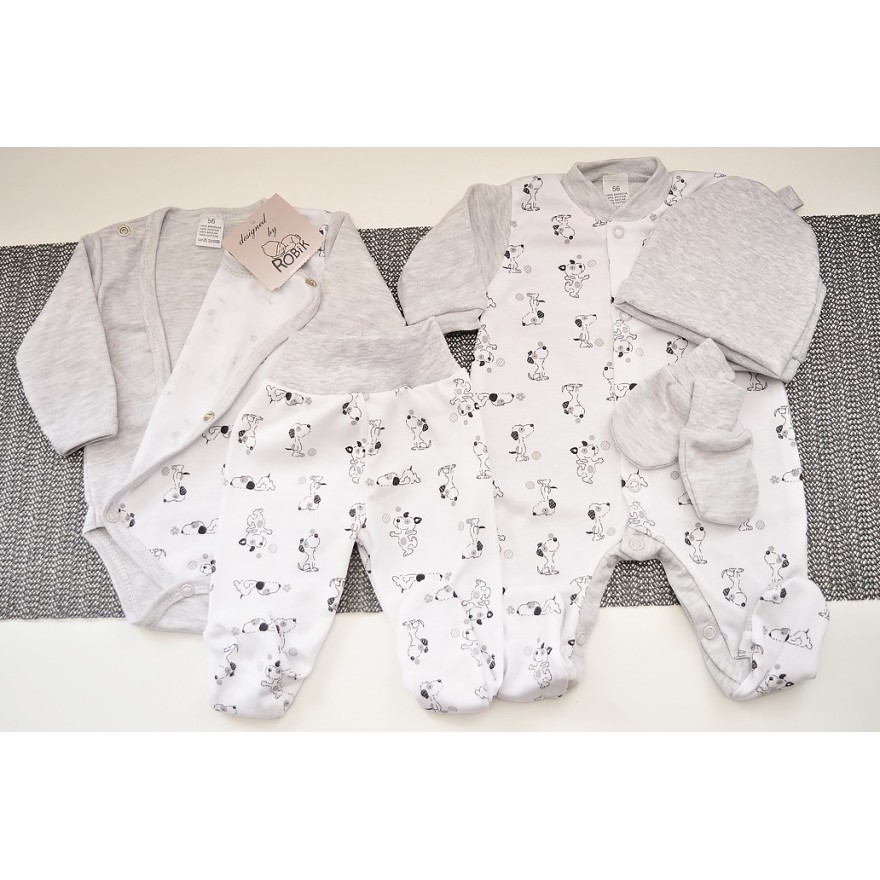 WYPRAWKA dla noworodka do szpitala 5 części szara w pieski wzór 167S