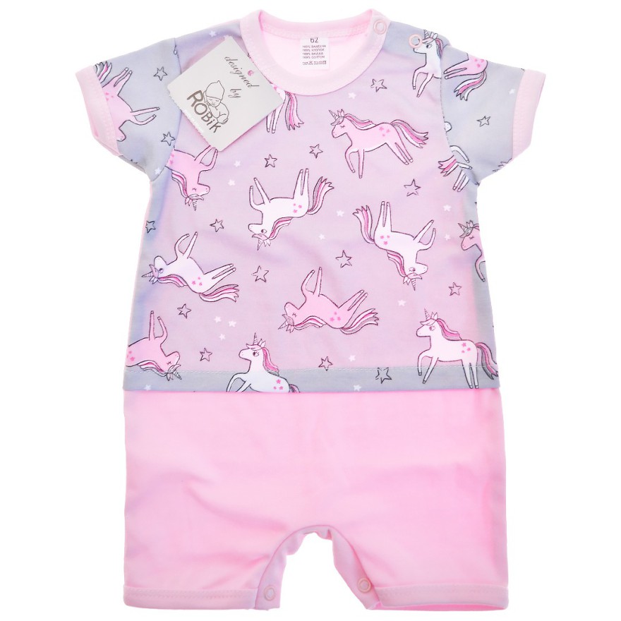 Letni RAMPERS pajac szaro-różowy w jednorożce wzór 316R