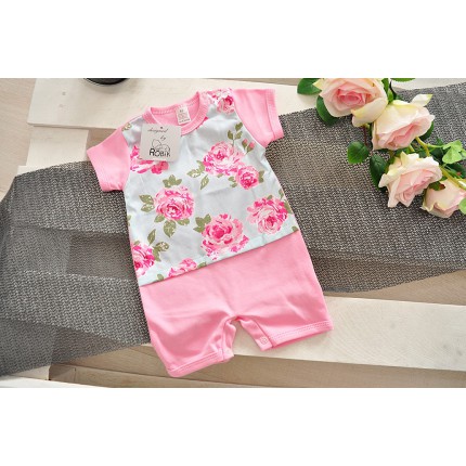 Letni RAMPERS pajac różowo-błękitny w róże wzór 349Rn