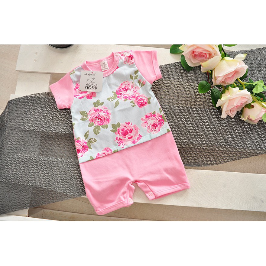 Letni RAMPERS pajac różowo-błękitny w róże wzór 349Rn