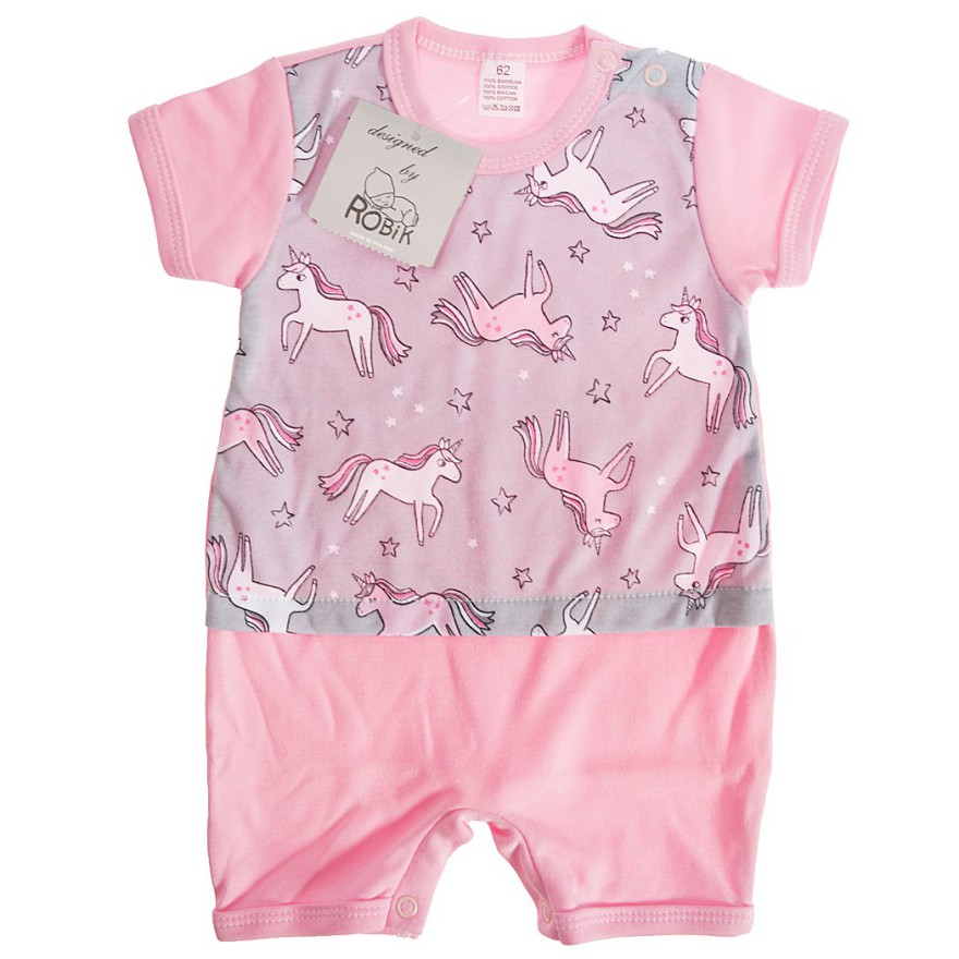 Letni RAMPERS pajac szaro-różowy w jednorożce wzór 316Rn