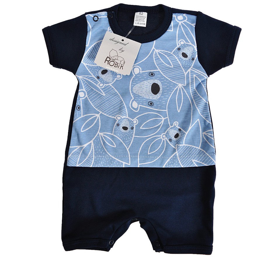 Letni RAMPERS pajac granatowo-niebieski w misie wzór 187Gn