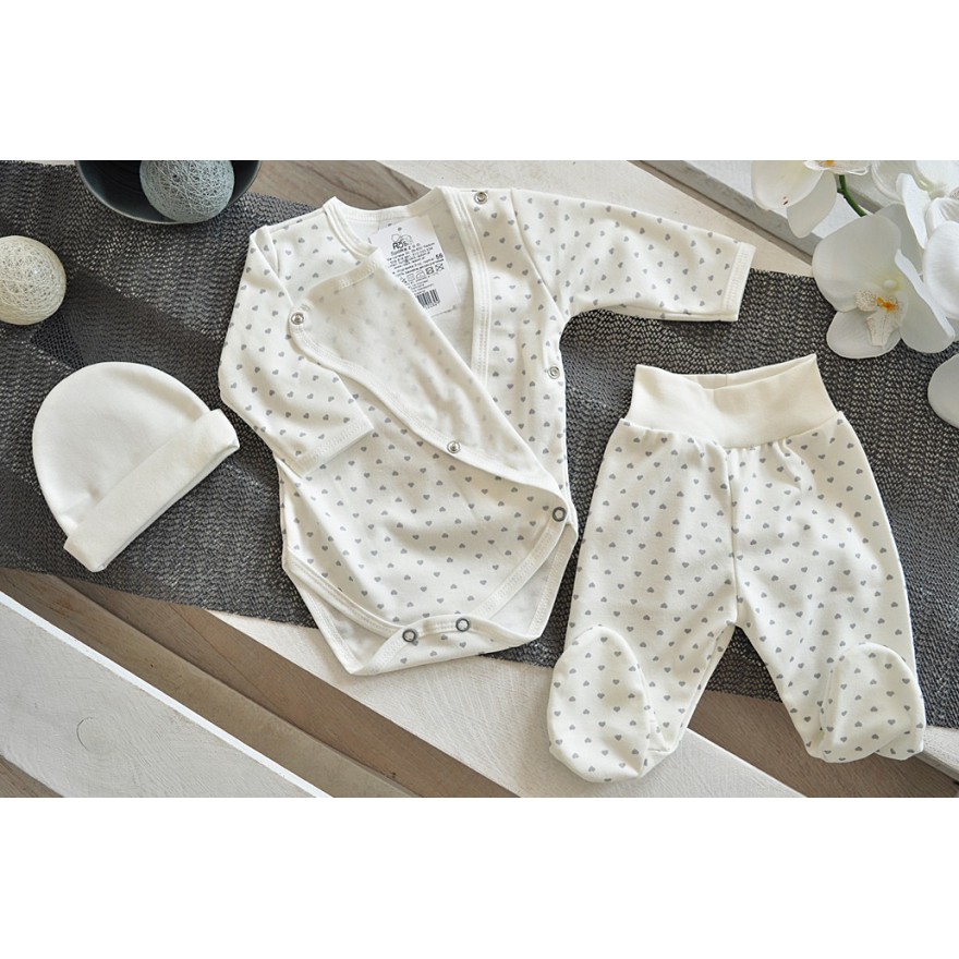 Ecru WYPRAWKA dla noworodka do szpitala w serca 3-częściowa z BIO bawełny r.50 WCZEŚNIAK