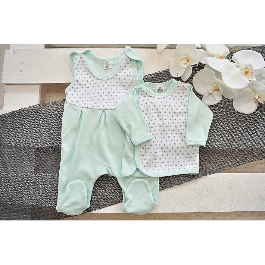 Miętowa WYPRAWKA dla noworodka w gwiazdki koszulka + śpiochy 2cz. wzór 214M