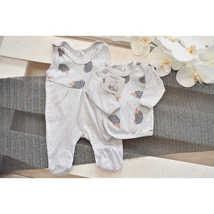 Szara wyprawka dla noworodka w jeże koszulka + śpiochy 2cz. wzór 190S
