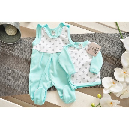Miętowa WYPRAWKA dla wcześniaka w gwiazdki koszulka + śpiochy 2cz. wzór 157M