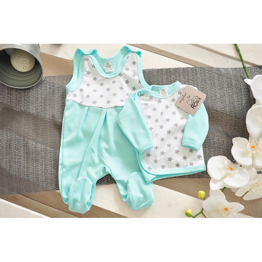 Miętowa WYPRAWKA dla wcześniaka w gwiazdki koszulka + śpiochy 2cz. wzór 157M