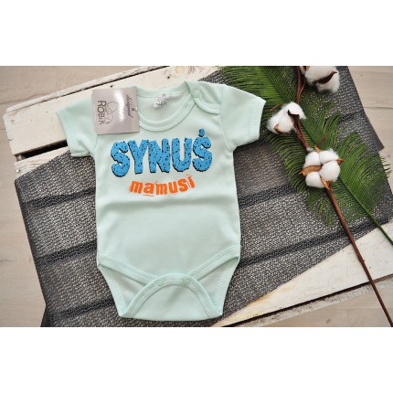 Miętowe BODY chłopięce SYNUŚ MAMUSI krótki rękaw LATO wzór 615kr