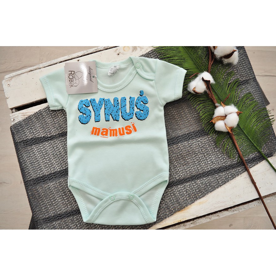 Miętowe BODY chłopięce SYNUŚ MAMUSI krótki rękaw LATO wzór 615kr
