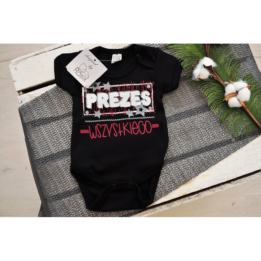 Czarne BODY chłopięce PREZES WSZYSTKIEGO krótki rękaw LATO wzór 619kr