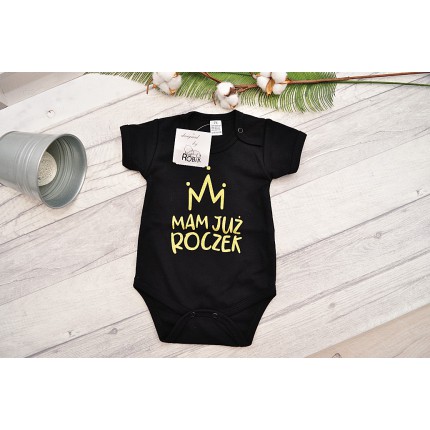 Czarne BODY MAM JUŻ ROCZEK krótki rękaw BROKAT