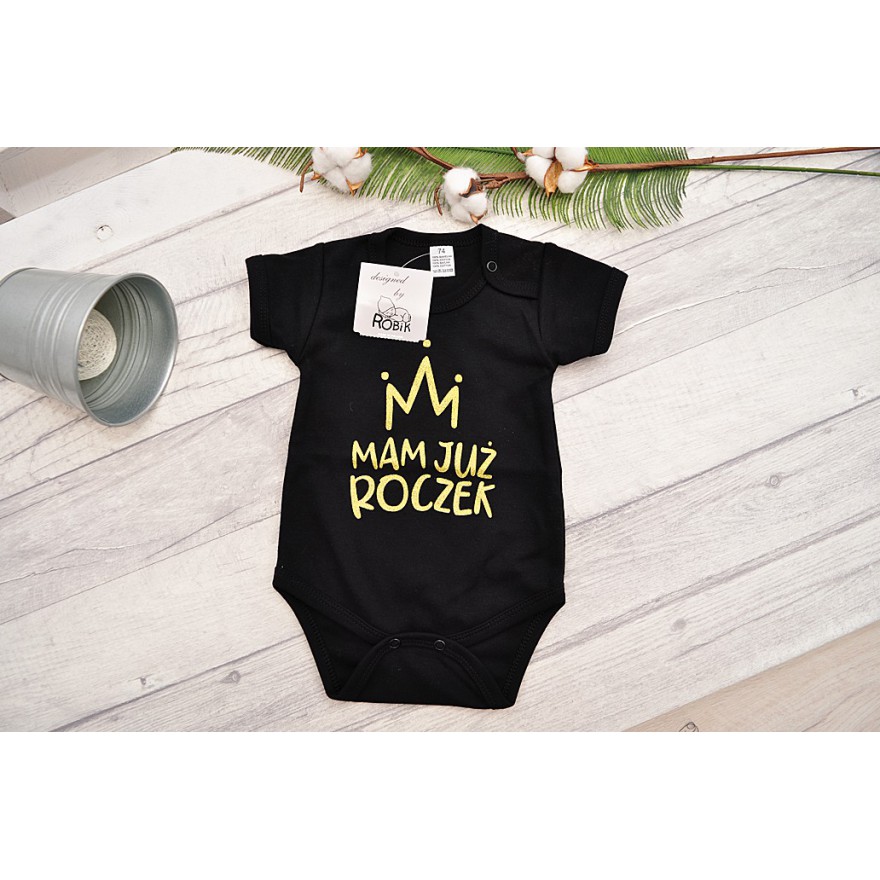 Czarne BODY MAM JUŻ ROCZEK krótki rękaw BROKAT
