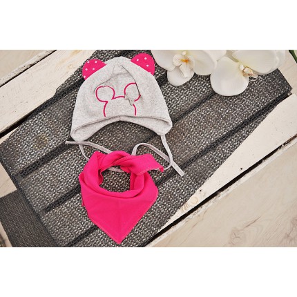 Szaro-amarantowy komplet MYSZKA czapka + apaszka wiosna/jesień wyprzedaż