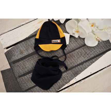 Granatowo-musztardowy komplet BRAVE czapka + apaszka wiosna/jesień wyprzedaż