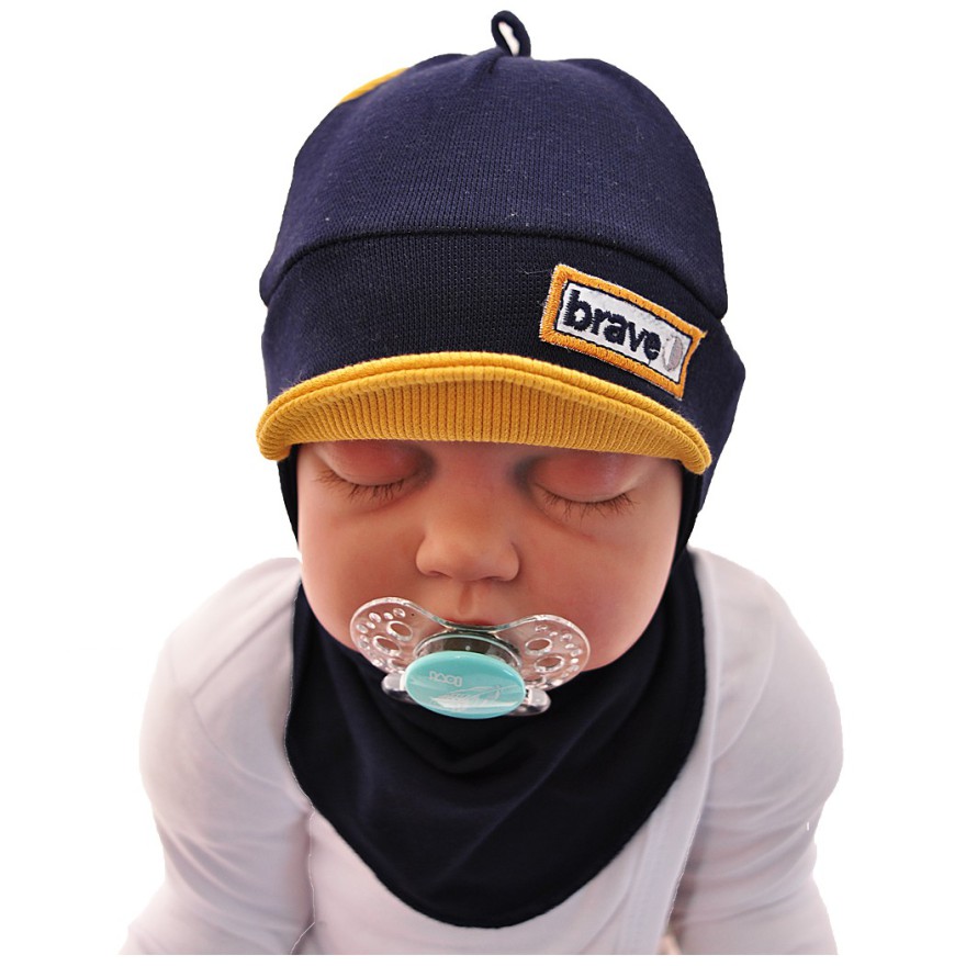 Granatowo-musztardowy komplet BRAVE czapka + apaszka wiosna/jesień wyprzedaż