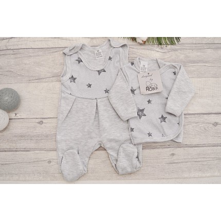 Szara WYPRAWKA dla WCZEŚNIAKA w gwiazdki koszulka + śpiochy 2cz. wzór 170s