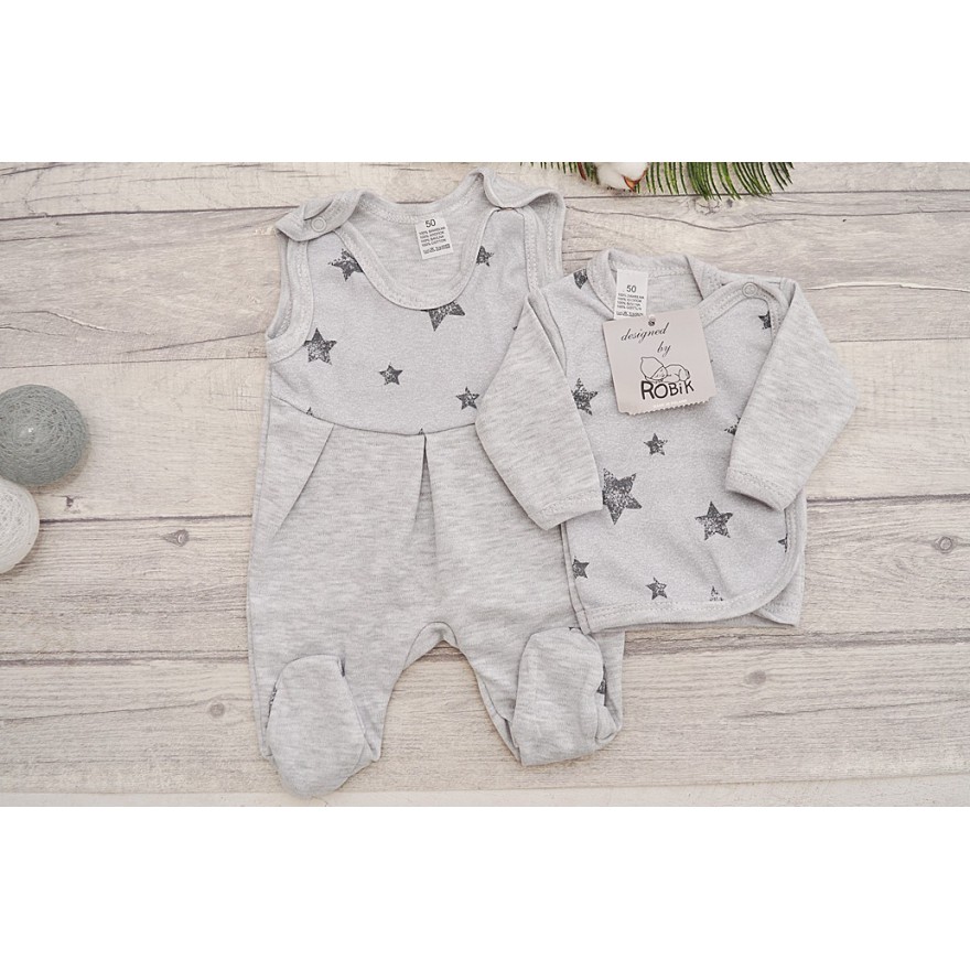 Szara WYPRAWKA dla WCZEŚNIAKA w gwiazdki koszulka + śpiochy 2cz. wzór 170s