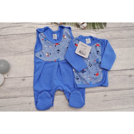 Niebieska WYPRAWKA dla noworodka w rybki koszulka + śpiochy 2cz. wzór 196N