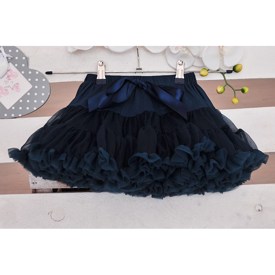 Puszysta granatowa SPÓDNICZKA tiulowa z falbankami, szkoła