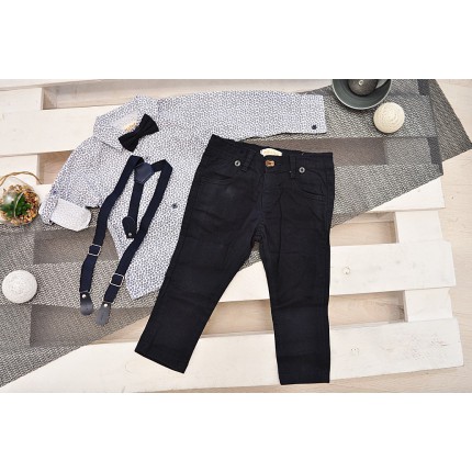 KOMPLET DLA CHŁOPCA koszula w granatowe słońca, spodnie, muszka, szelki WIZYTOWY