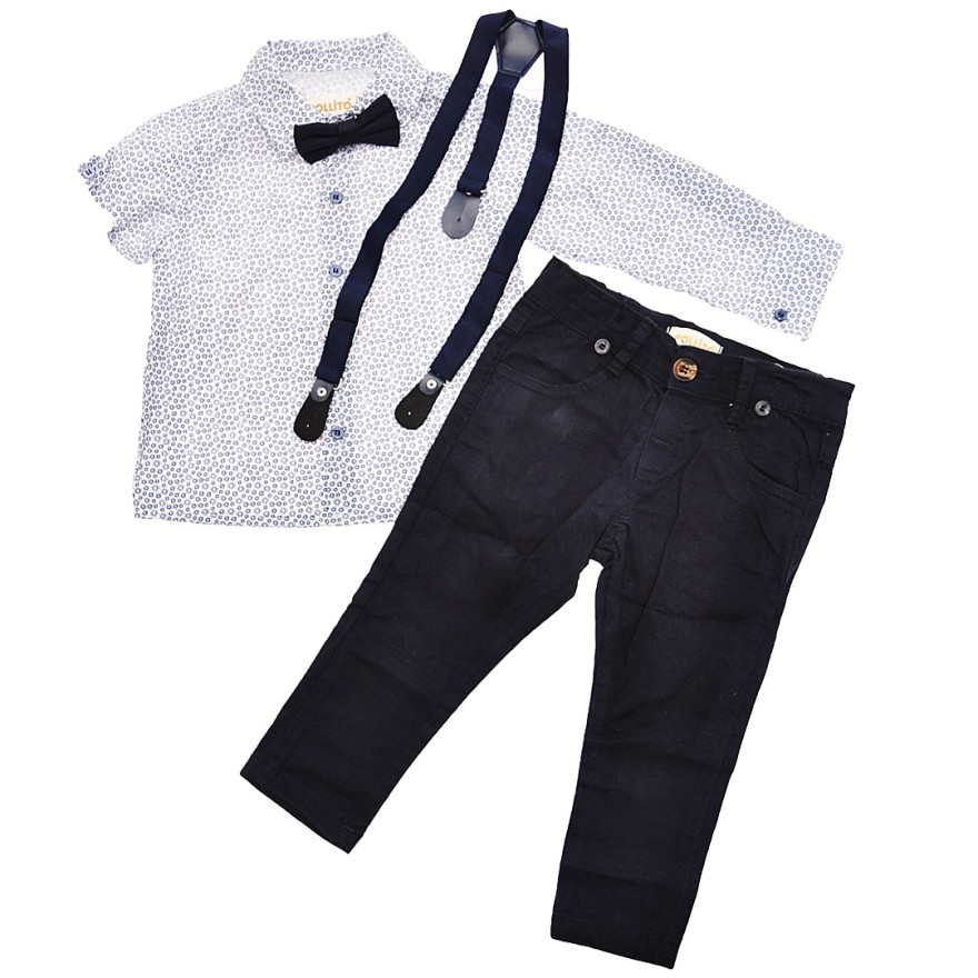 KOMPLET DLA CHŁOPCA koszula w granatowe słońca, spodnie, muszka, szelki WIZYTOWY
