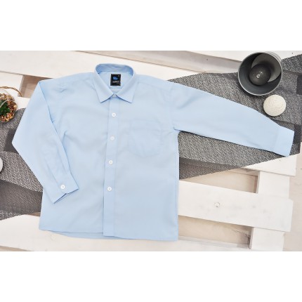 Błękitna gładka koszula chłopięca długi rękaw elegancka do szkoły