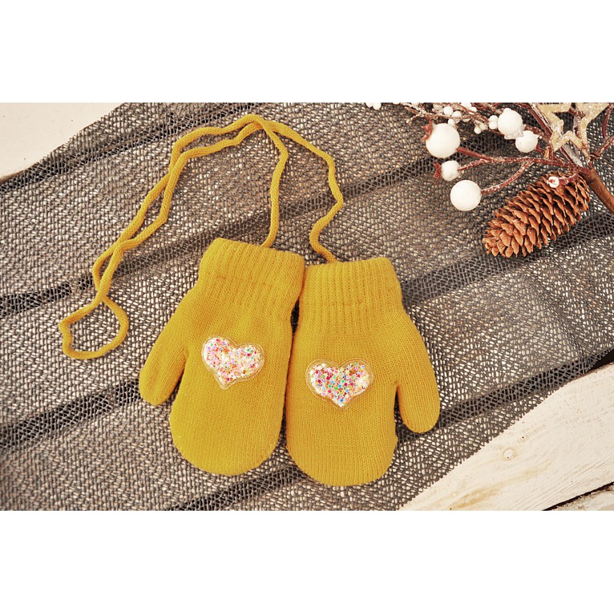 Musztardowe rękawiczki zimowe dziewczęce 1P SerceMU
