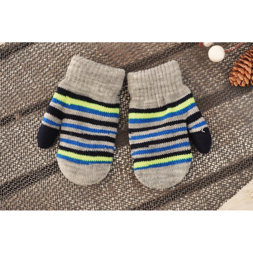 Szare rękawiczki zimowe chłopięce w paski 1P neonowy pasek