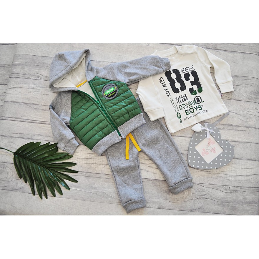 Komplet chłopięcy ocieplany, szaro-zielona kurtka bomberka , bluzka, spodnie