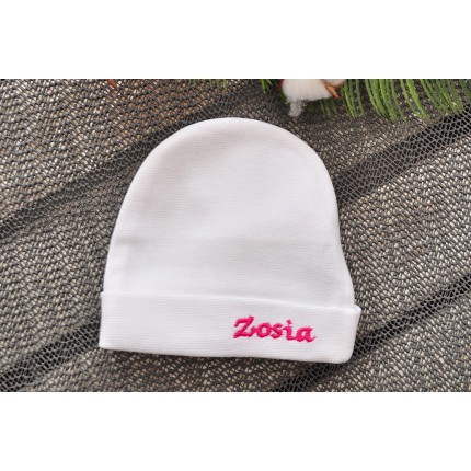 Biała CZAPECZKA dla noworodka SMERFETKA z imieniem Zosia
