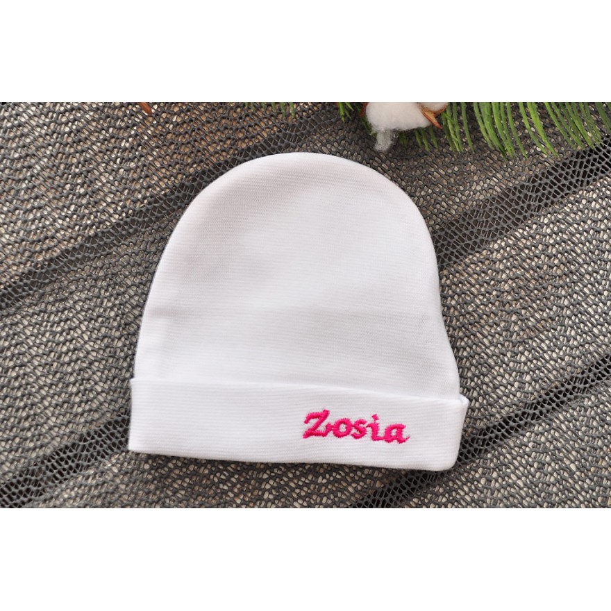 Biała CZAPECZKA dla noworodka SMERFETKA z imieniem Zosia