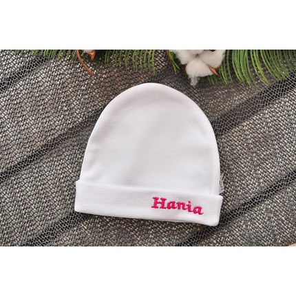 Biała CZAPECZKA dla noworodka SMERFETKA z imieniem Hania