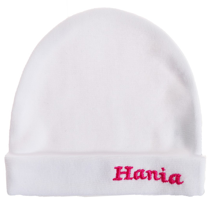 Biała CZAPECZKA dla noworodka SMERFETKA z imieniem Hania