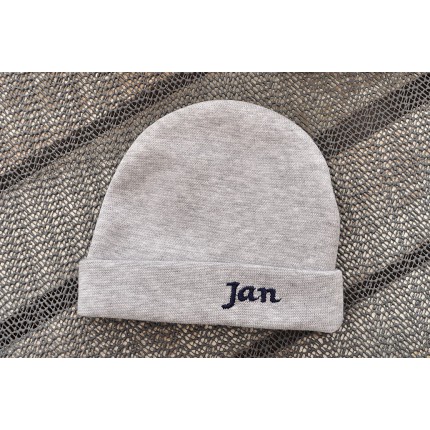 Szara CZAPECZKA dla noworodka SMERFETKA z imieniem Jan
