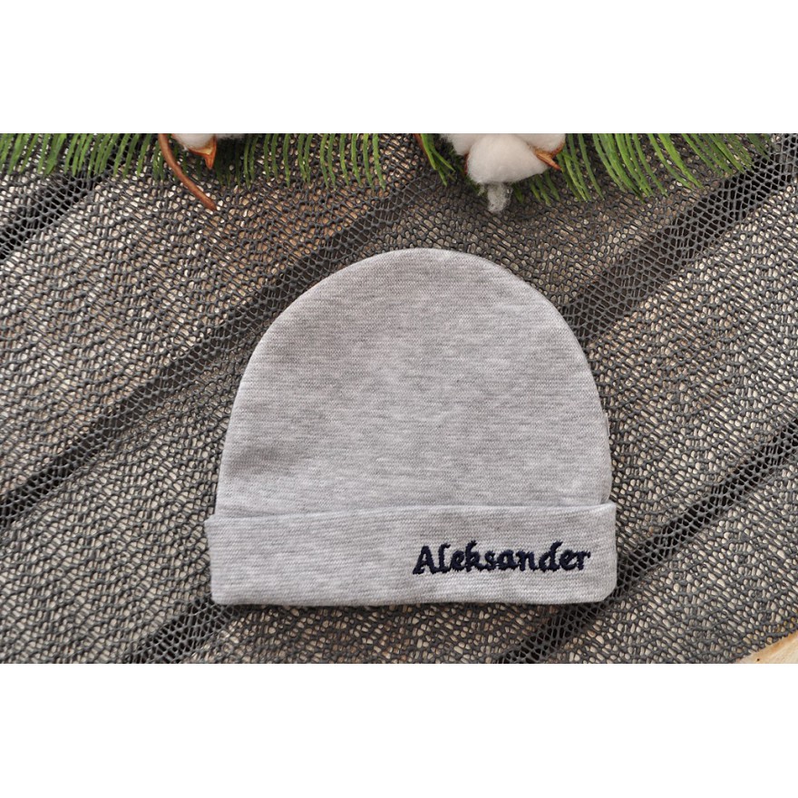 Szara CZAPECZKA dla noworodka SMERFETKA z imieniem Aleksander