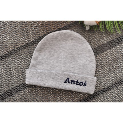 Szara CZAPECZKA dla noworodka SMERFETKA z imieniem Antoś